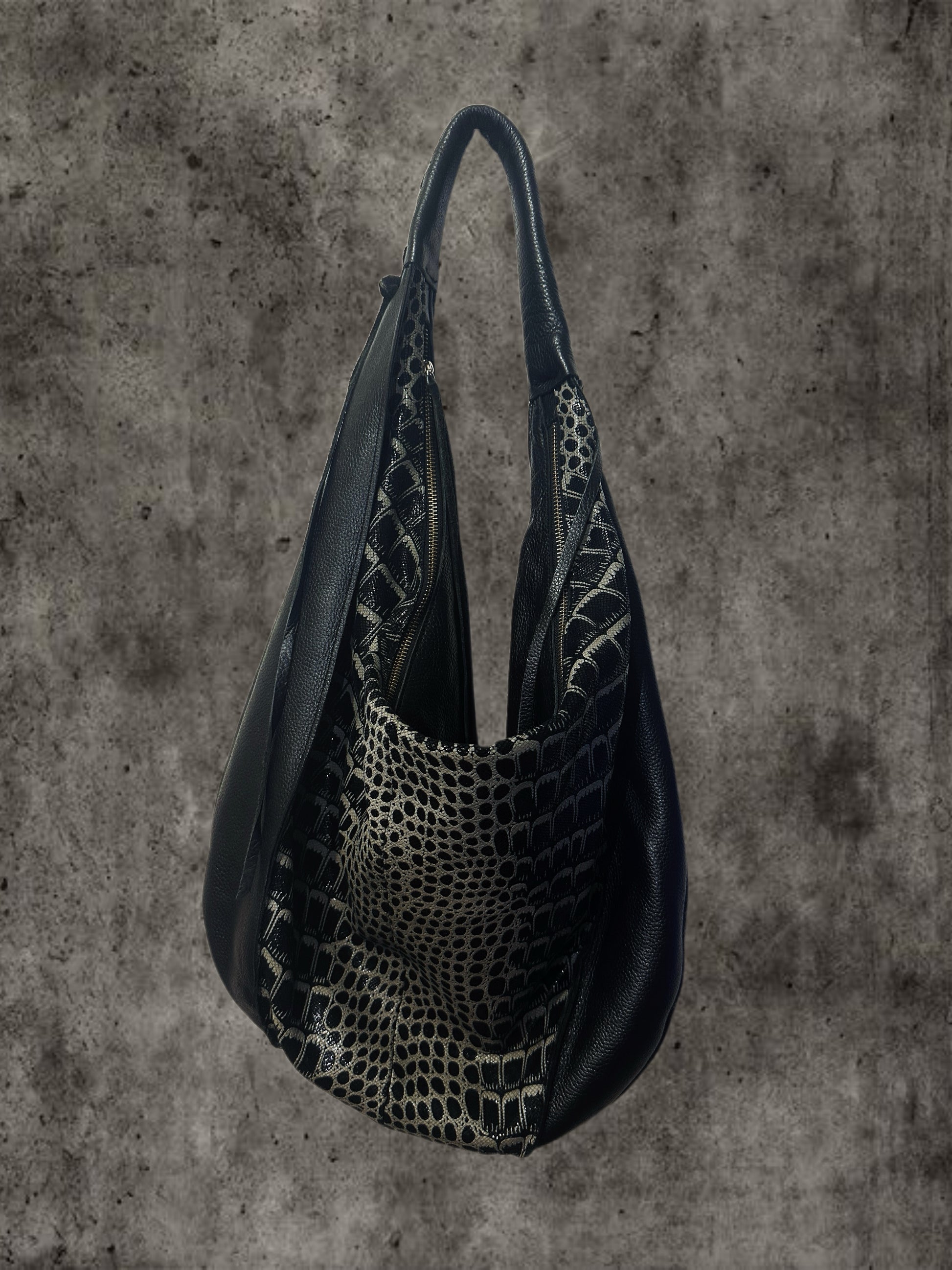 Black Faux Leather Hobo Bag with Snake Print Panel