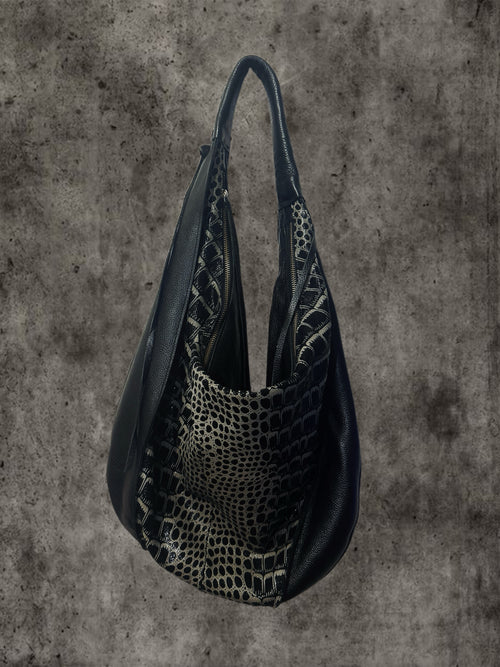 Black Faux Leather Hobo Bag with Snake Print Panel