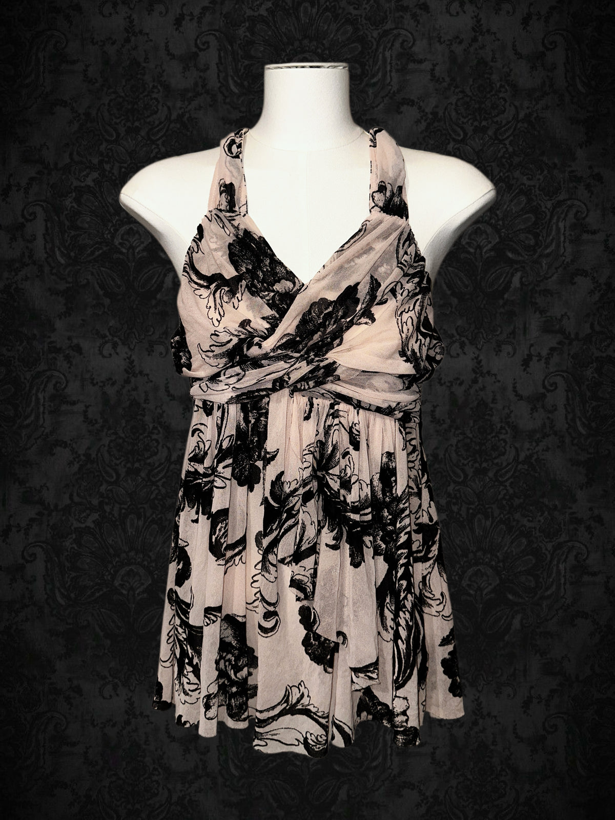 Vintage Pink & Black Floral Halter Top