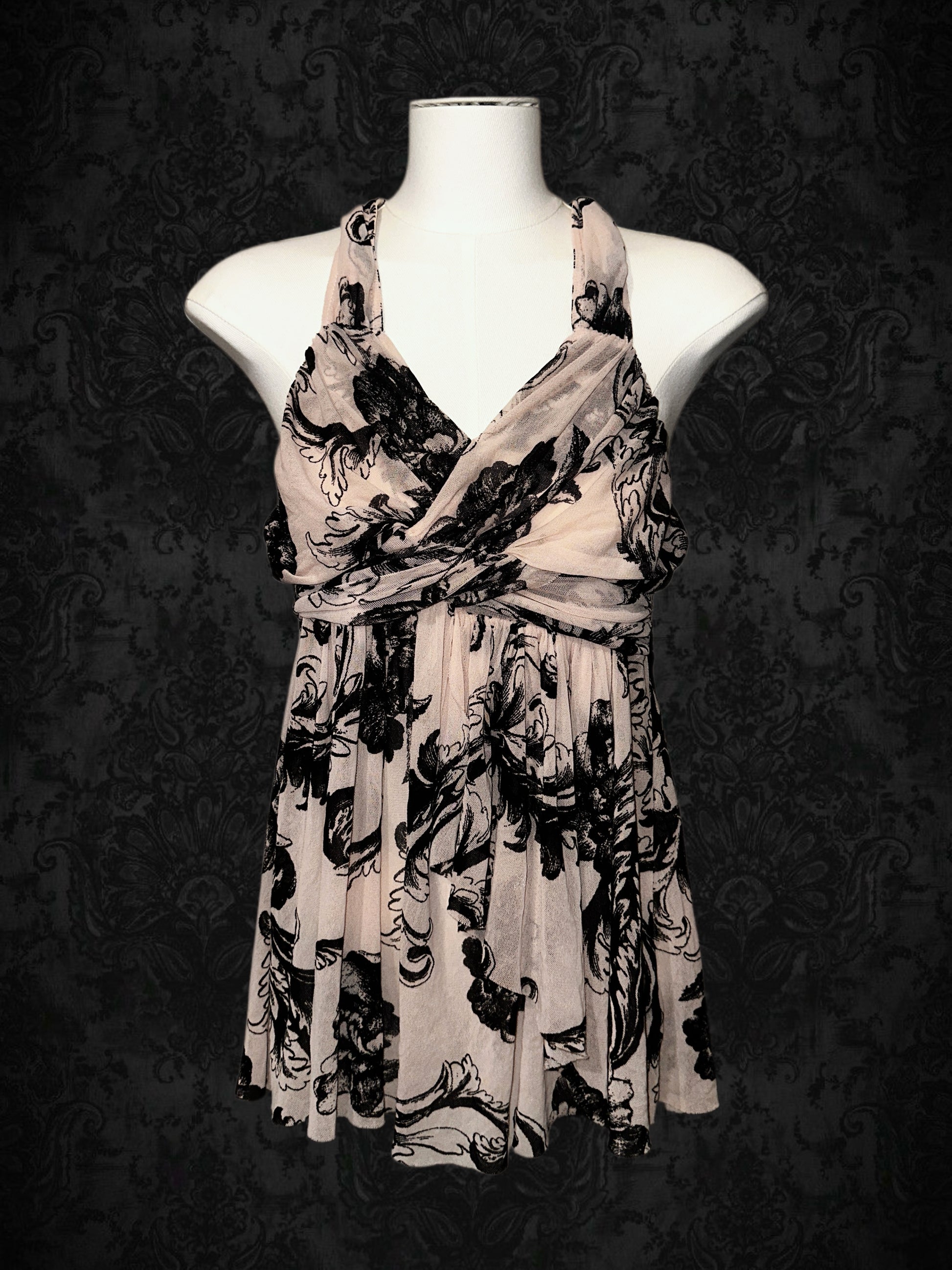 Vintage Pink & Black Floral Halter Top