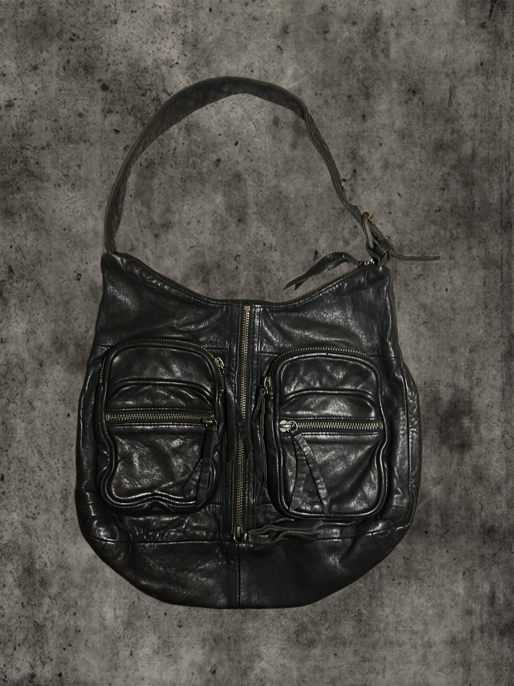 Distressed soft leather slouch hobo bag