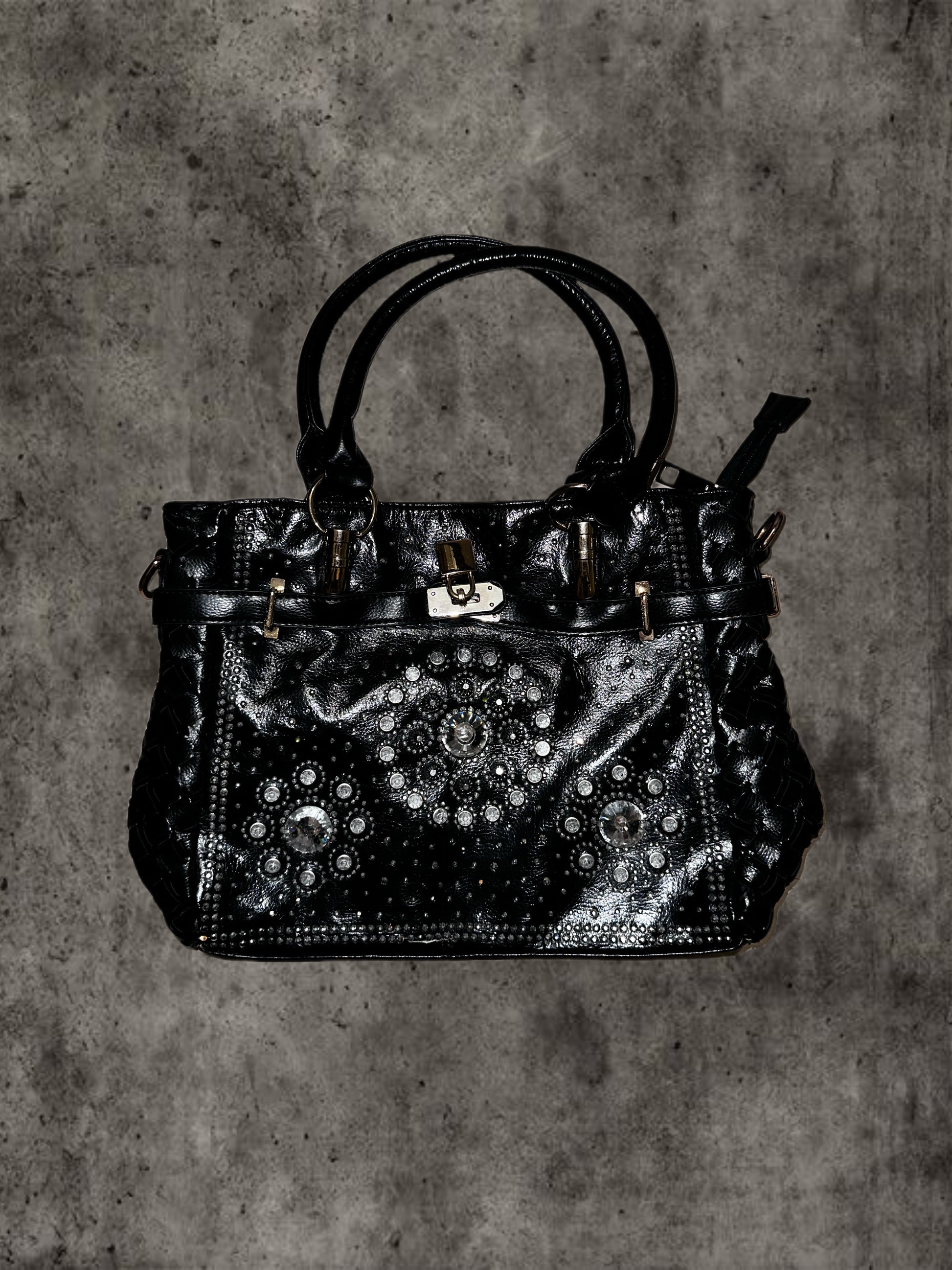 Black shiny leather rhinestone pattern bag