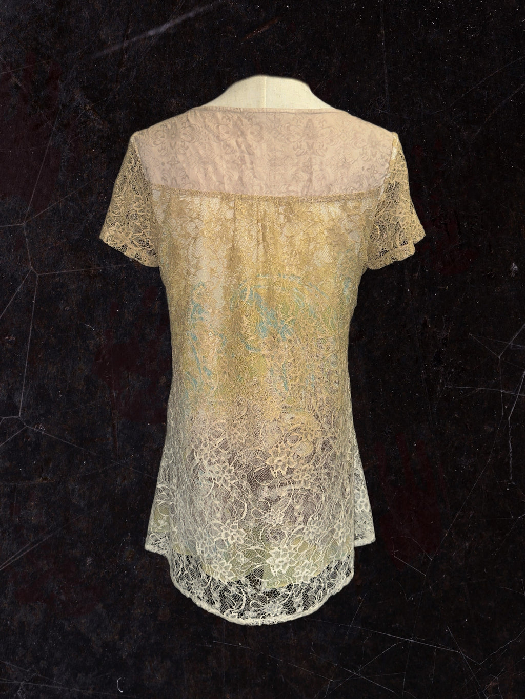 Lace gradient beaded square neck short sleeve top