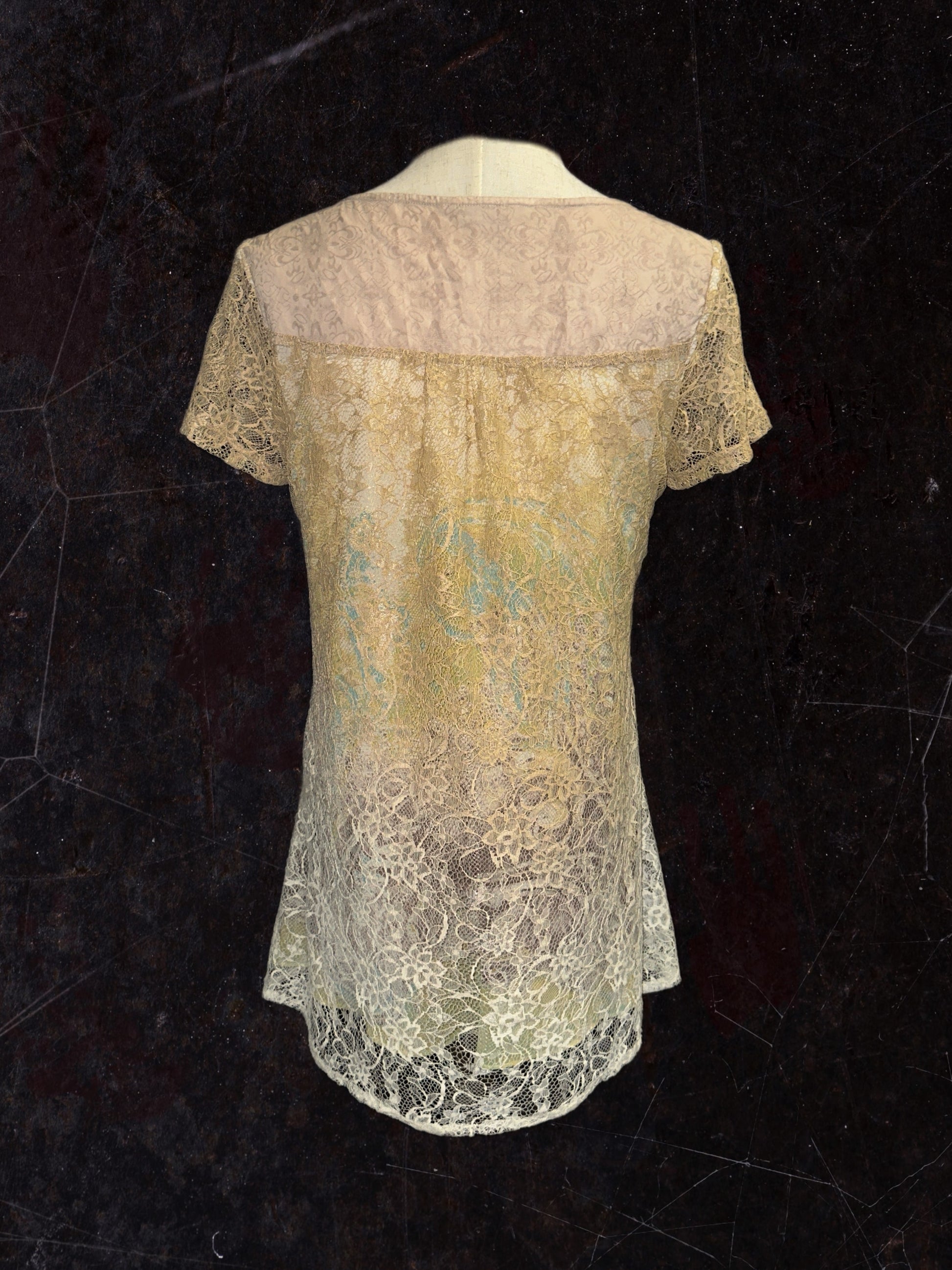 Lace gradient beaded square neck short sleeve top