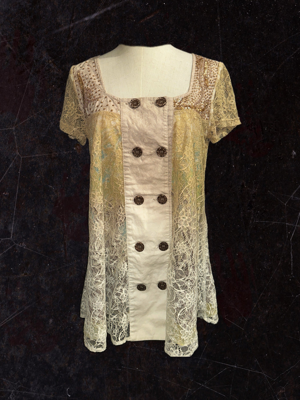 Lace gradient beaded square neck short sleeve top