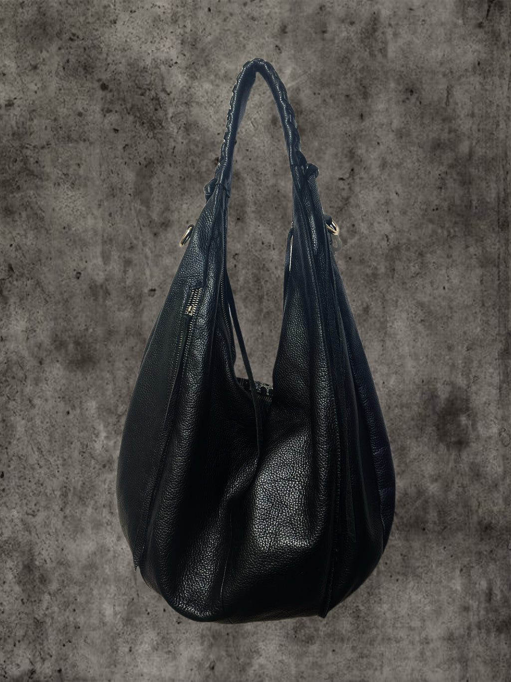 Black Faux Leather Hobo Bag with Snake Print Panel