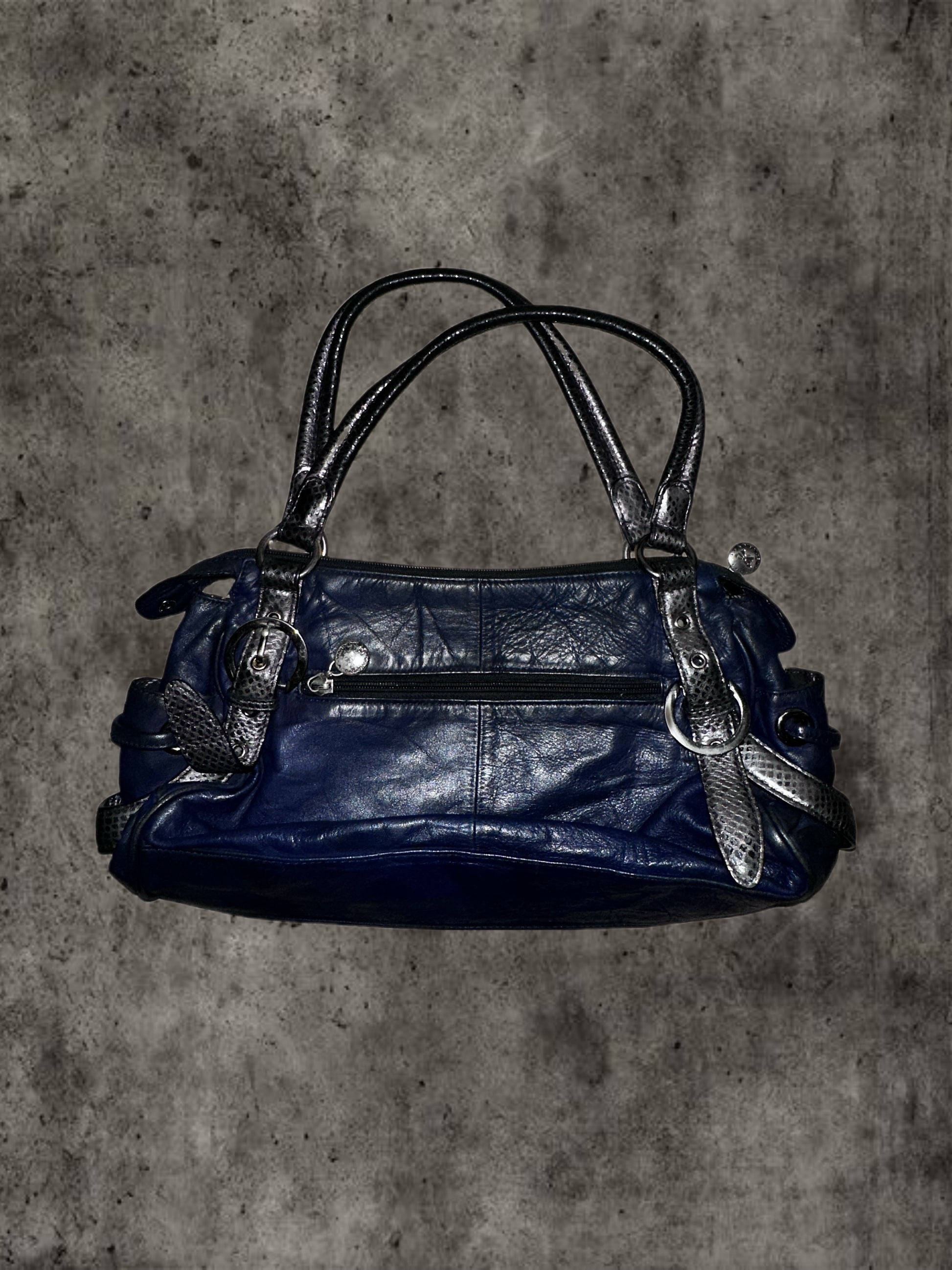 Black and dark blue snake pattern cowhide shoulder bag
