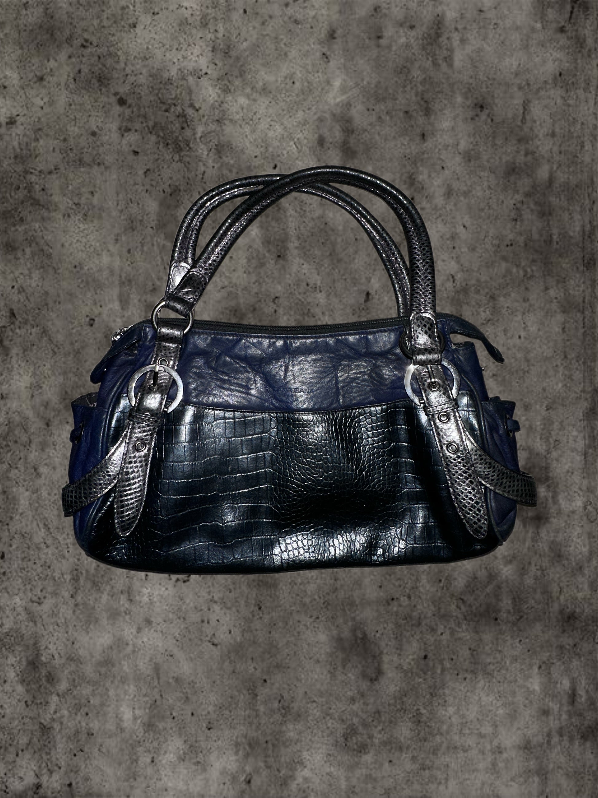 Black and dark blue snake pattern cowhide shoulder bag