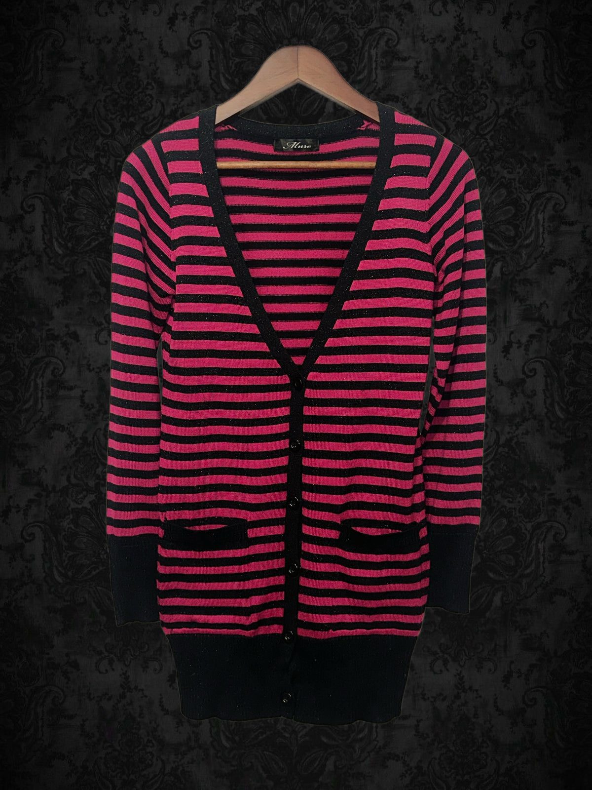 Midnight Raspberry Stripe V‑Neck Cardigan
