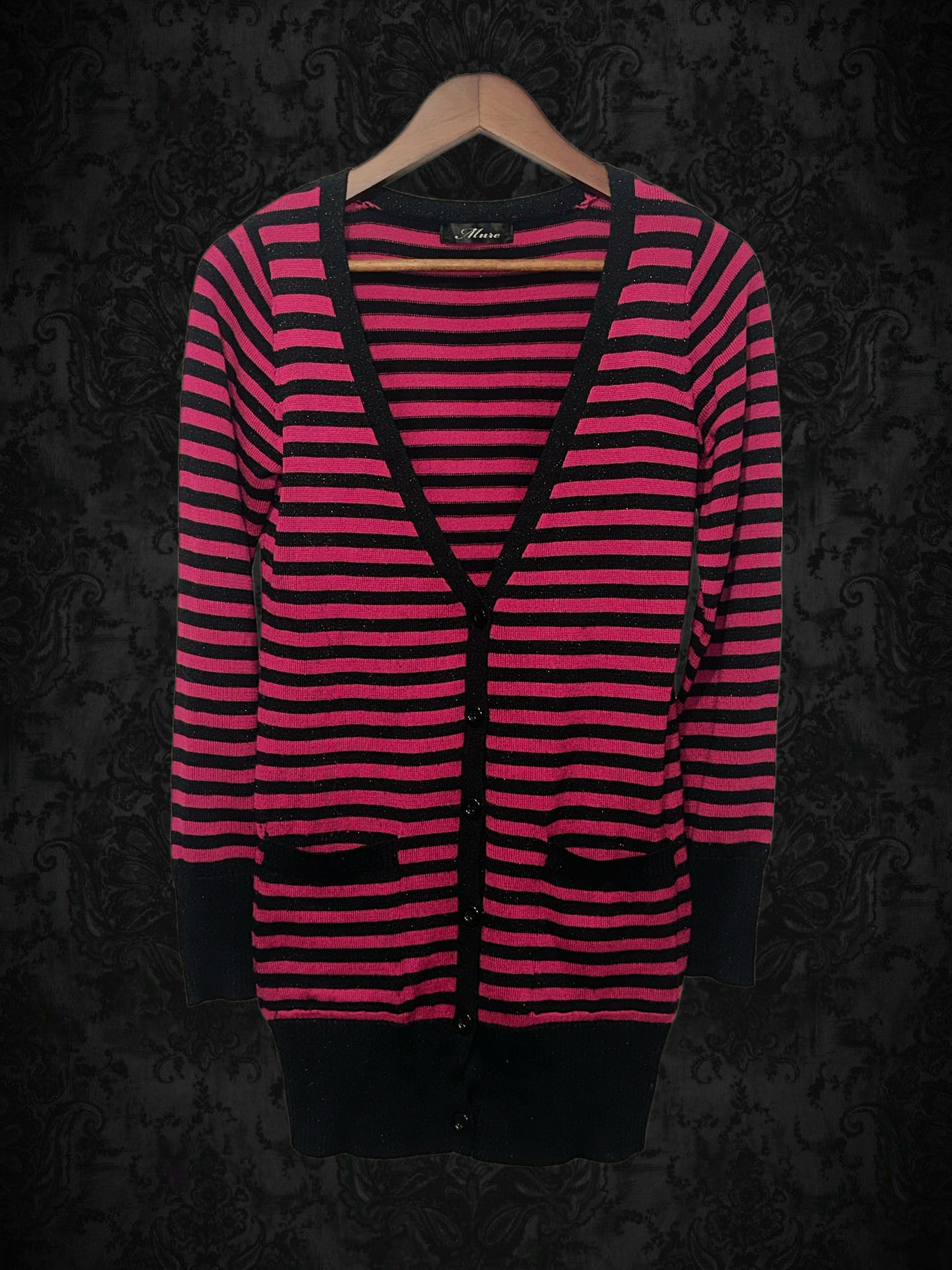 Midnight Raspberry Stripe V‑Neck Cardigan