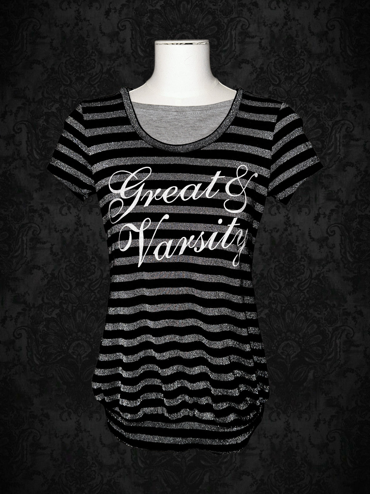 Vintage Black & Silver Striped Graphic T-Shirt