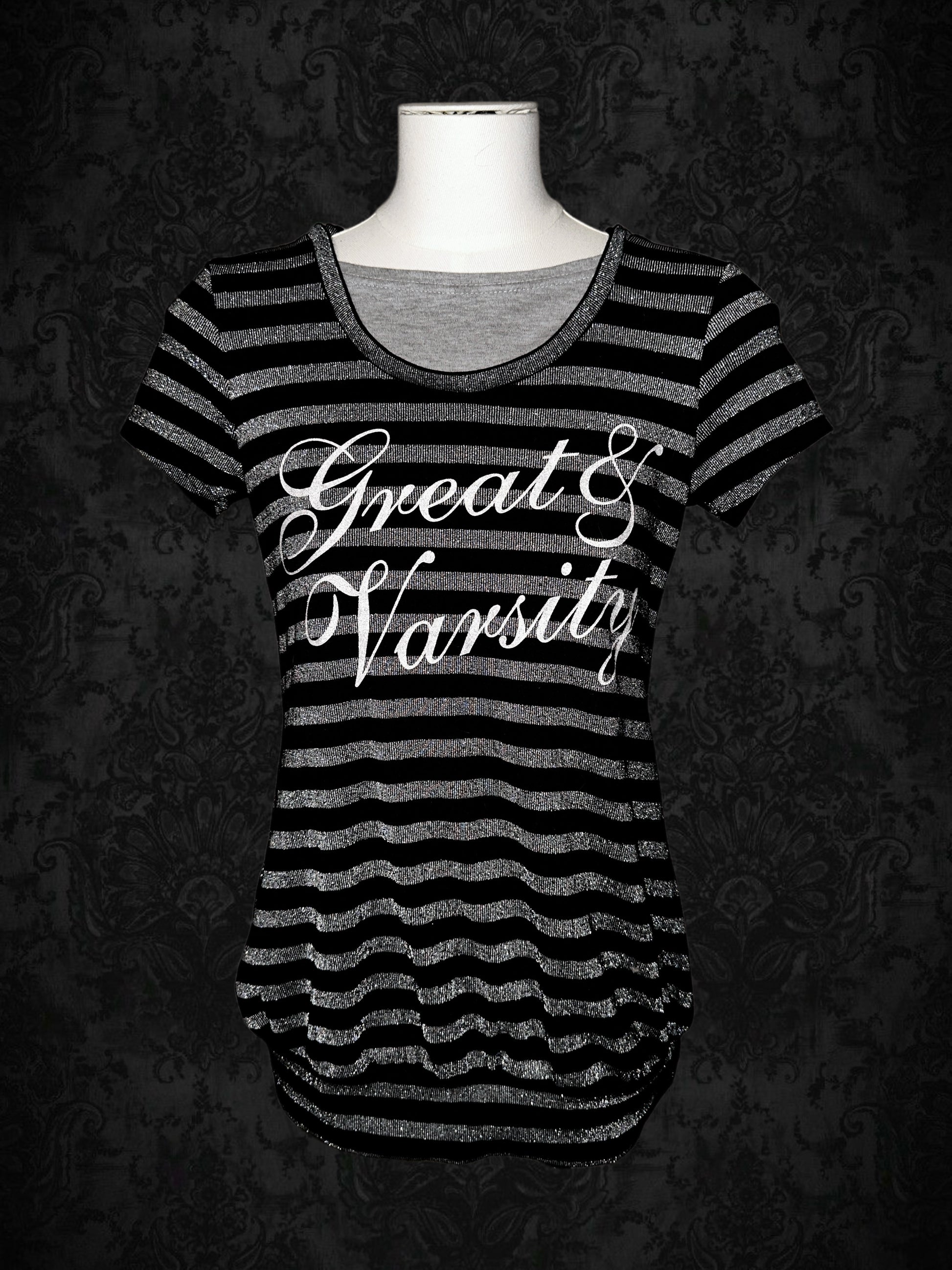 Vintage Black & Silver Striped Graphic T-Shirt
